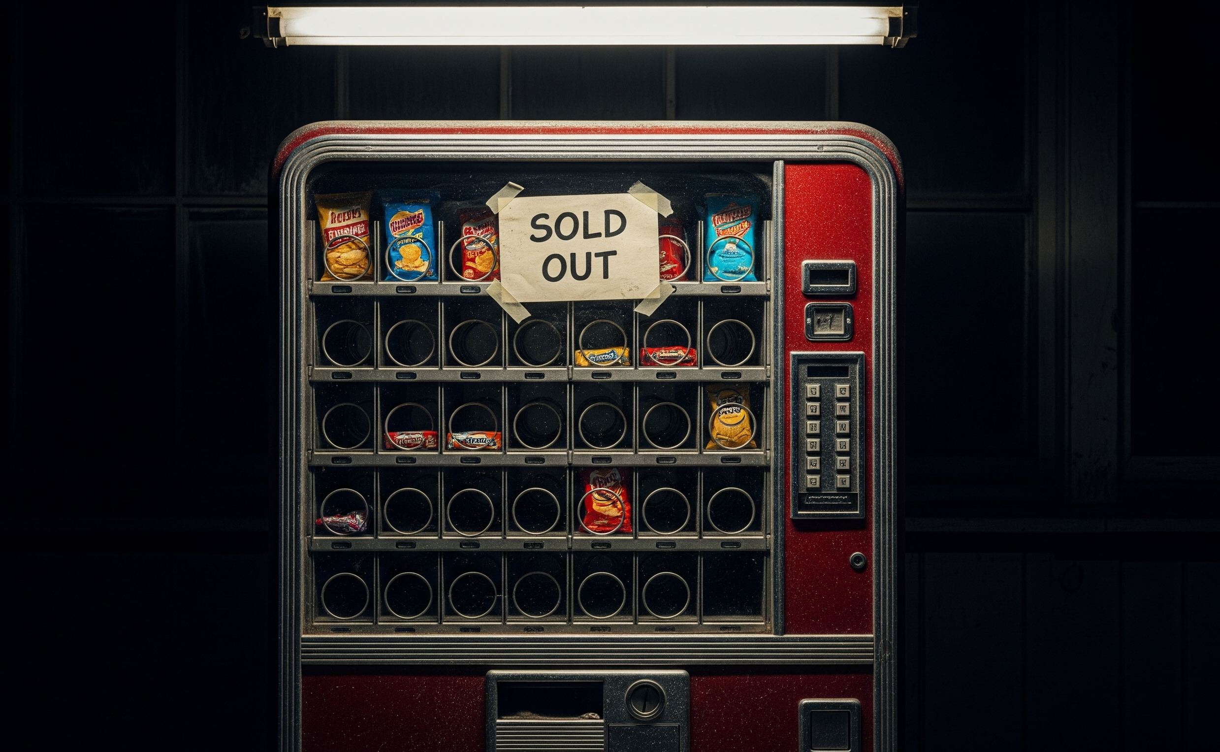 Nearly empty vending machine with limited selection and poor stocking