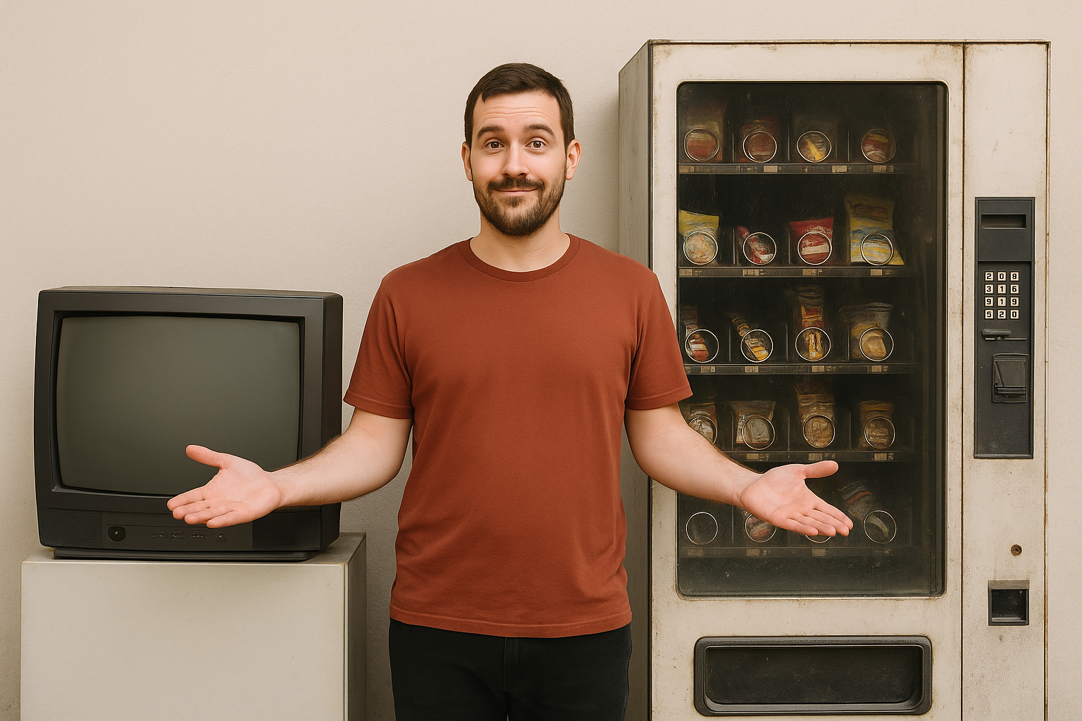 Traditional sales approach with old CRT TV and outdated vending machine