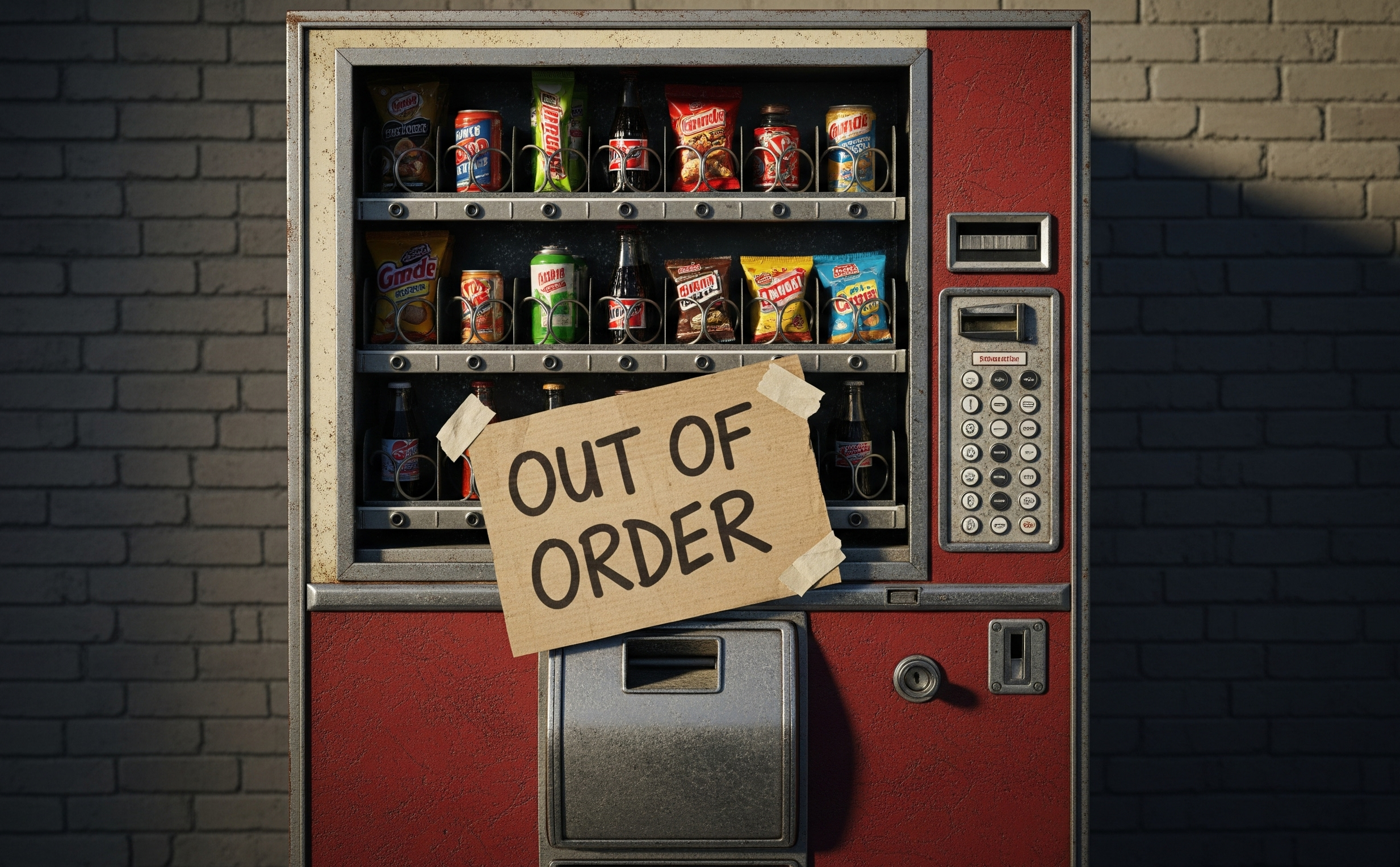 Vending machine with out of order sign showing common breakdown issues